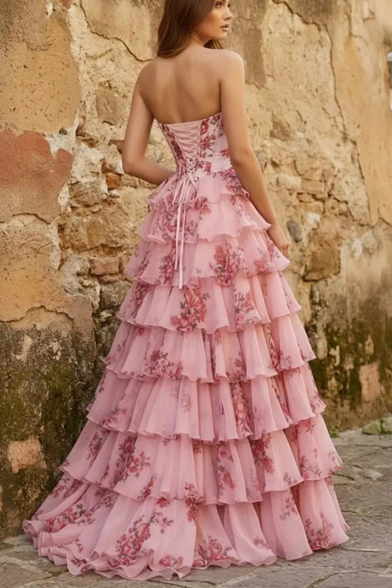 A-Line/Princess Floral Blush Tiered Chiffon Long Corset Prom Dress with Slit
