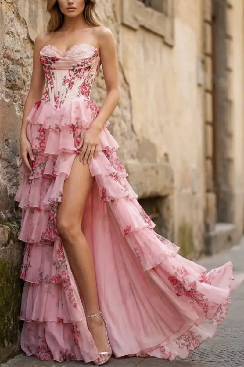 A-Line/Princess Floral Blush Tiered Chiffon Long Corset Prom Dress with Slit