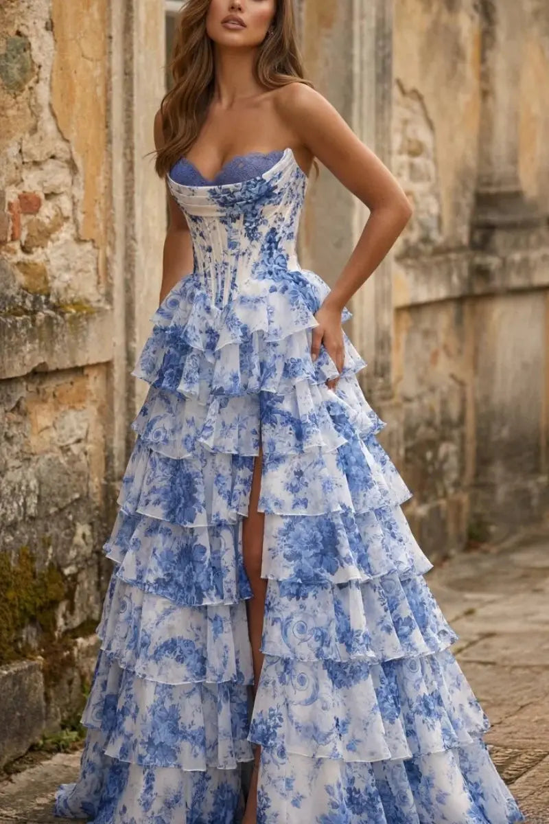 A-Line/Princess Floral Blush Tiered Chiffon Long Corset Prom Dress with Slit