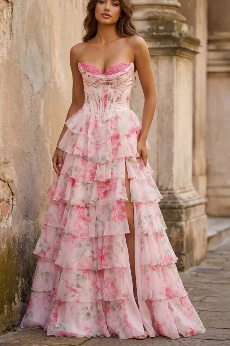 A-Line/Princess Floral Blush Tiered Chiffon Long Corset Prom Dress with Slit