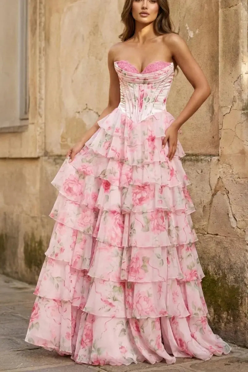 A-Line/Princess Floral Blush Tiered Chiffon Long Corset Prom Dress with Slit