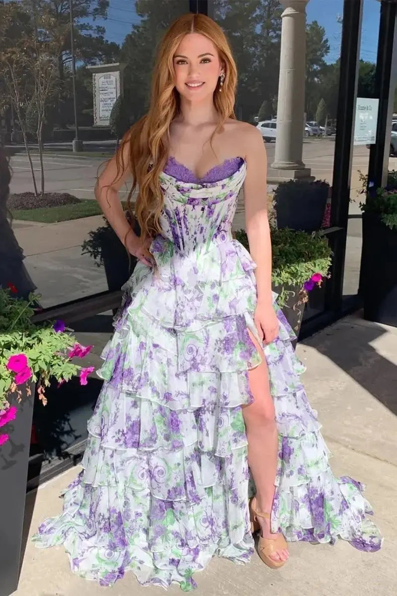 A-Line/Princess Floral Blush Tiered Chiffon Long Corset Prom Dress with Slit