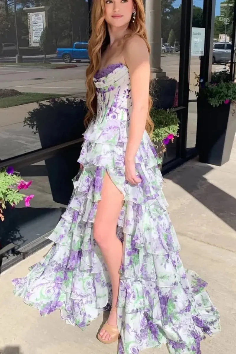 A-Line/Princess Floral Blush Tiered Chiffon Long Corset Prom Dress with Slit