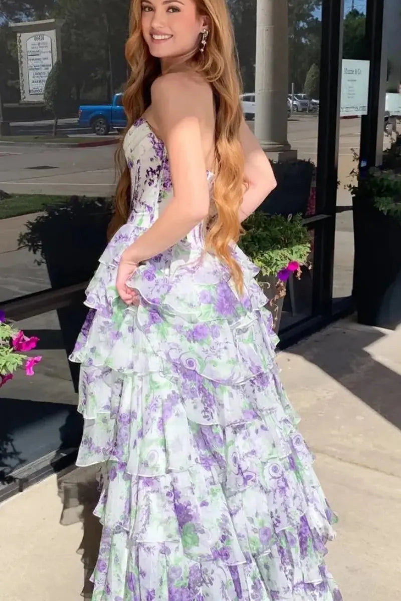 A-Line/Princess Floral Blush Tiered Chiffon Long Corset Prom Dress with Slit