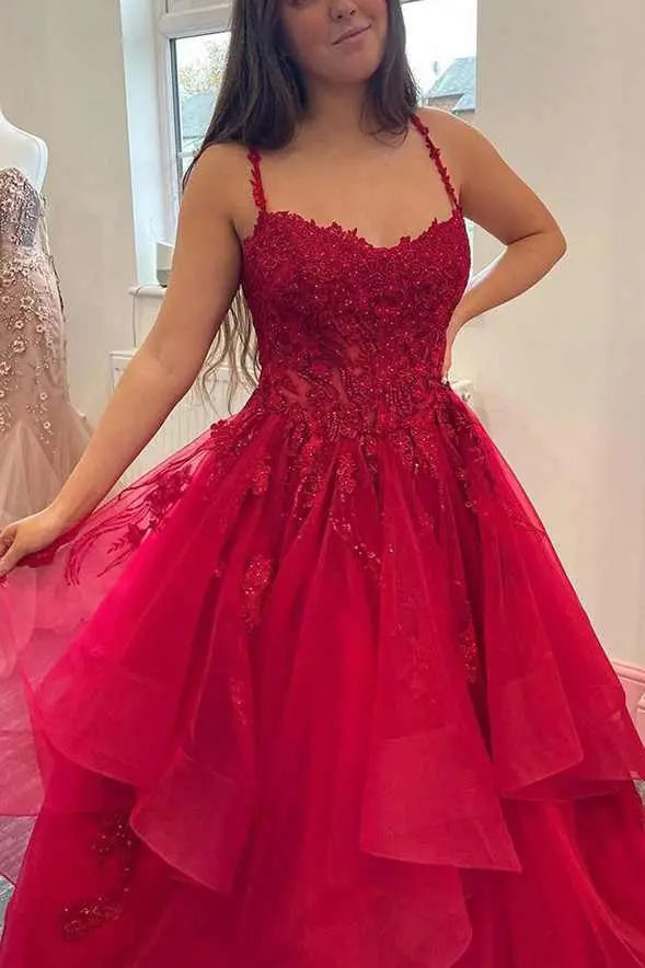 A-line Princess V Neck Floor-Length Tulle Prom Dresses with Appliqued