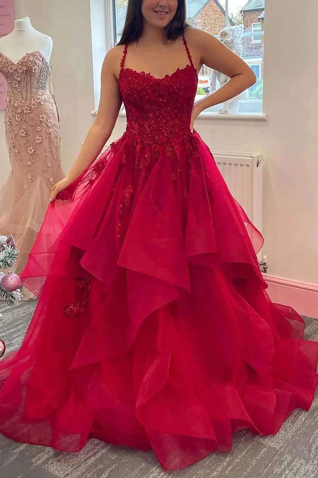 A-line Princess V Neck Floor-Length Tulle Prom Dresses with Appliqued