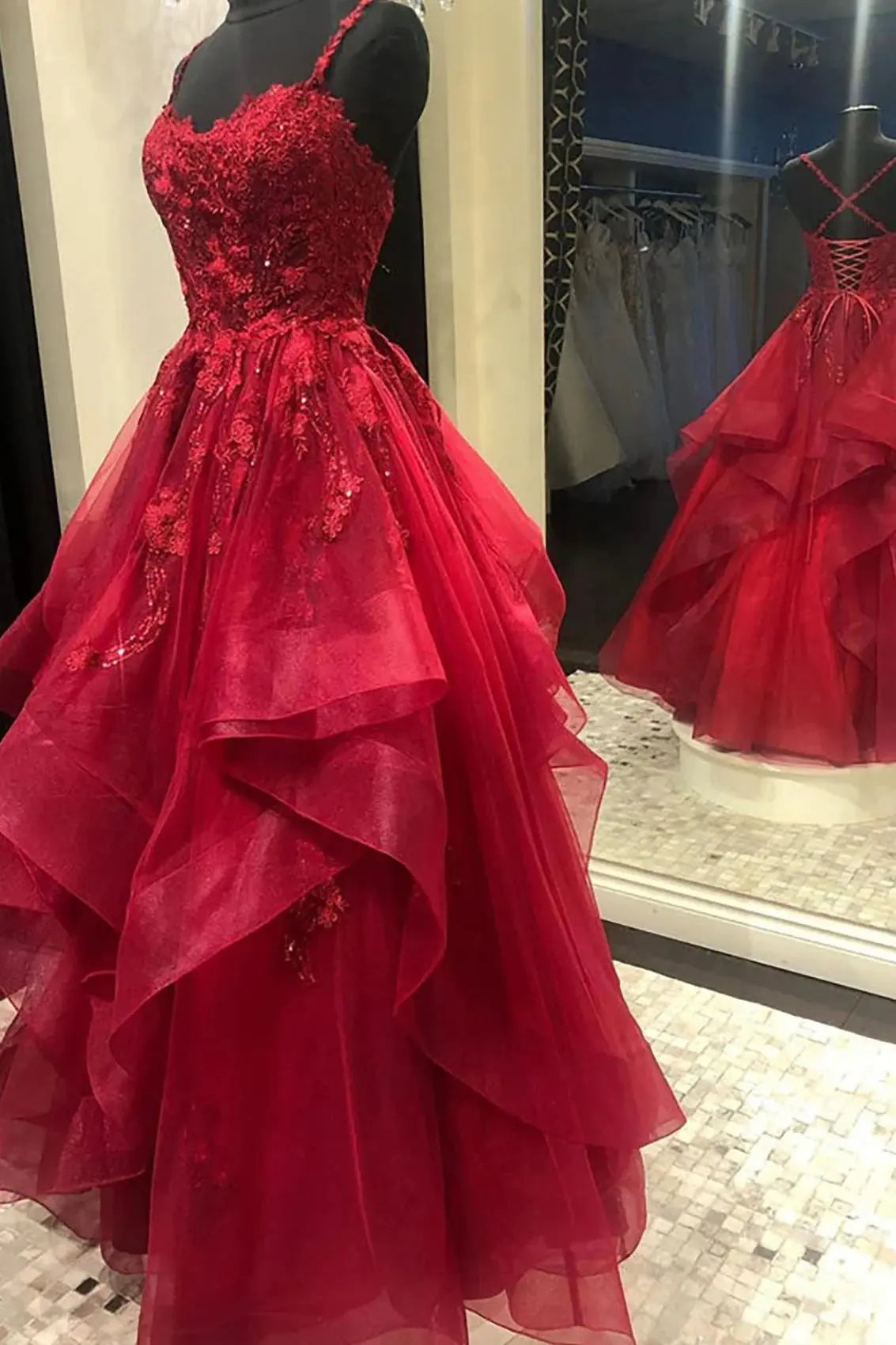 A-line Princess V Neck Floor-Length Tulle Prom Dresses with Appliqued