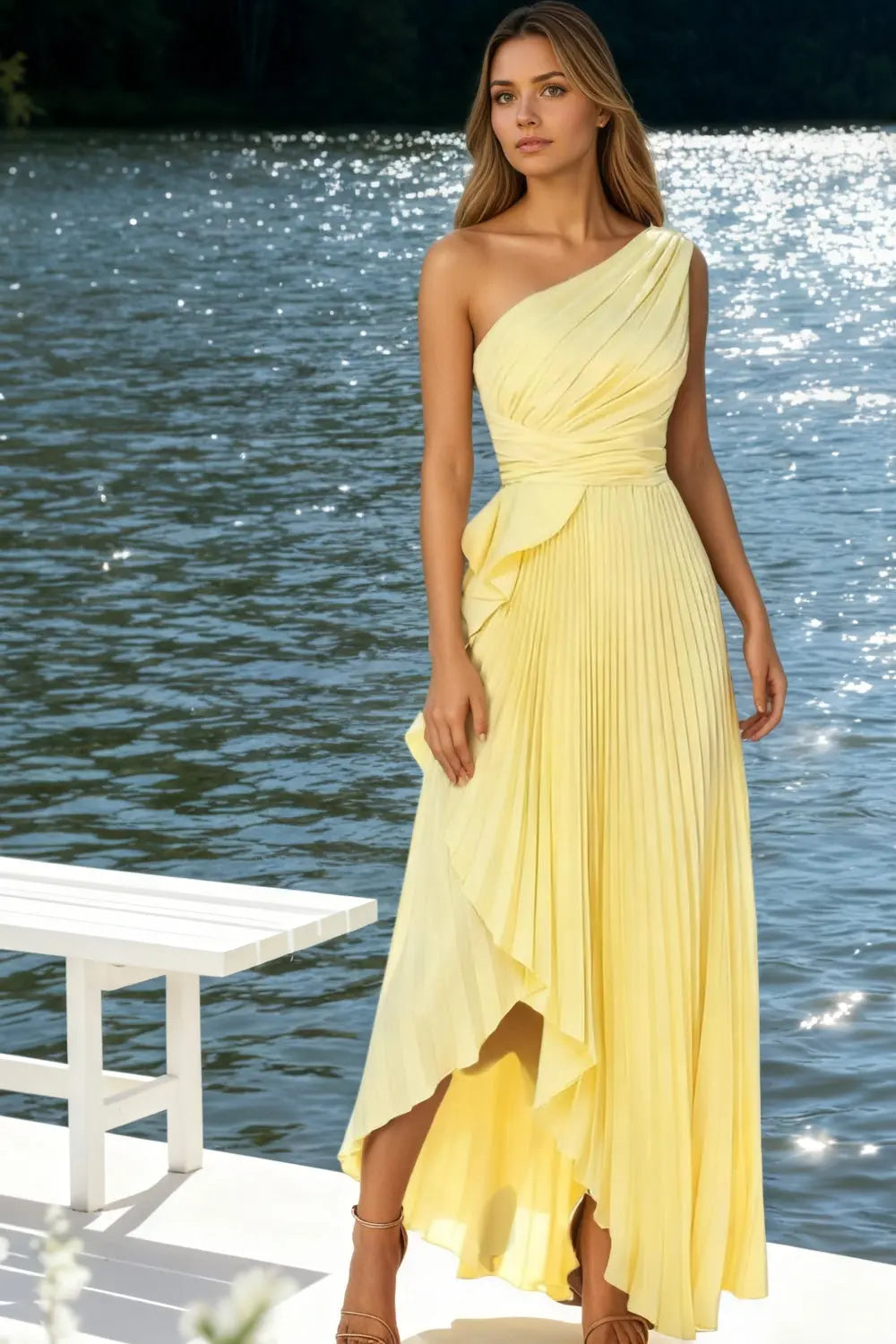 A-line Silk One Shoulder Long Asymmetry Pleated Yellow Prom Dresses