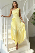 A-line Silk One Shoulder Long Asymmetry Pleated Yellow Prom Dresses