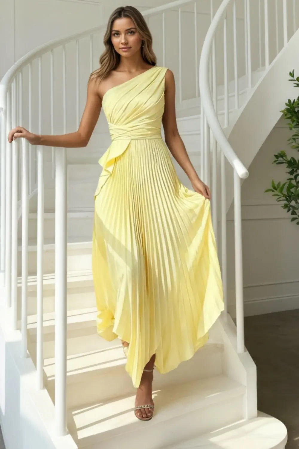 A-line Silk One Shoulder Long Asymmetry Pleated Yellow Prom Dresses