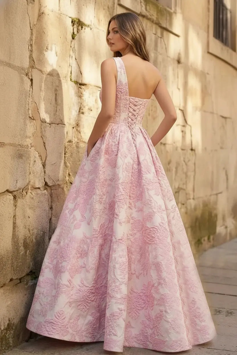 A-line Sleeveless One-Shoulder Long Satin 3D Floral Prom Dress With Split Ruffles Pockets