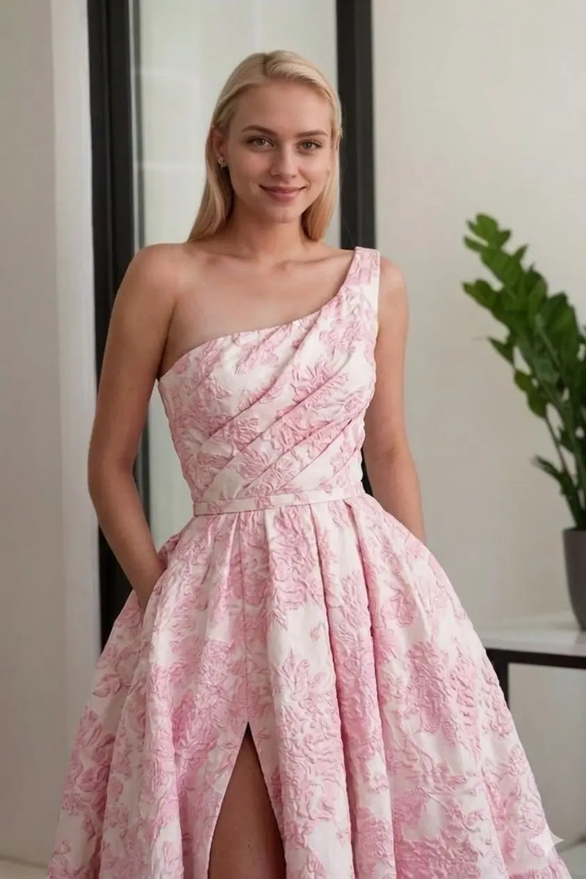 A-line Sleeveless One-Shoulder Long Satin 3D Floral Prom Dress With Split Ruffles Pockets