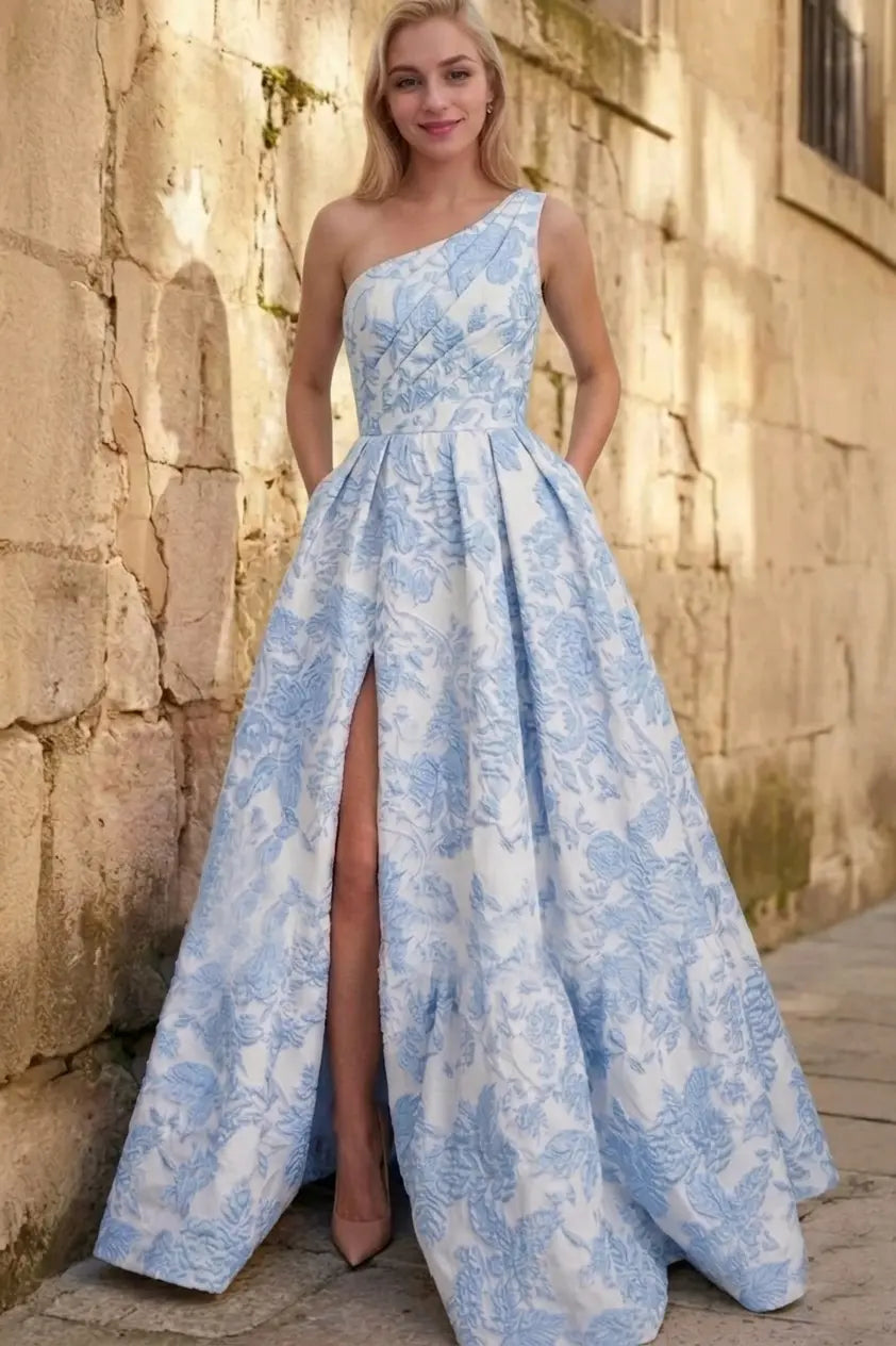 A-line Sleeveless One-Shoulder Long Satin 3D Floral Prom Dress With Split Ruffles Pockets