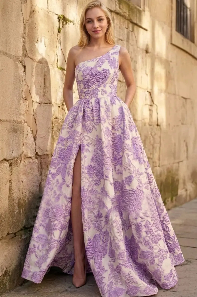 A-line Sleeveless One-Shoulder Long Satin 3D Floral Prom Dress With Split Ruffles Pockets