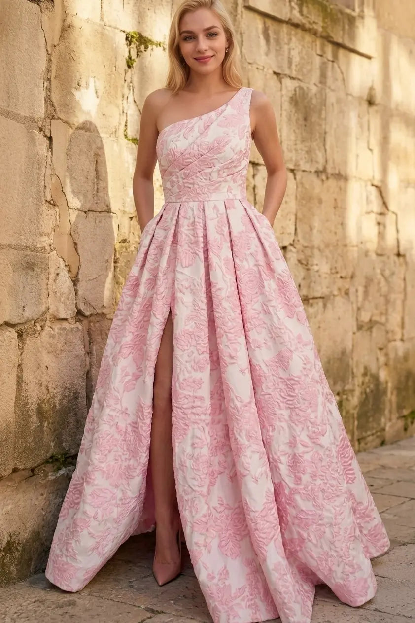 A-line Sleeveless One-Shoulder Long Satin 3D Floral Prom Dress With Split Ruffles Pockets