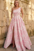 A-line Sleeveless One-Shoulder Long Satin 3D Floral Prom Dress With Split Ruffles Pockets