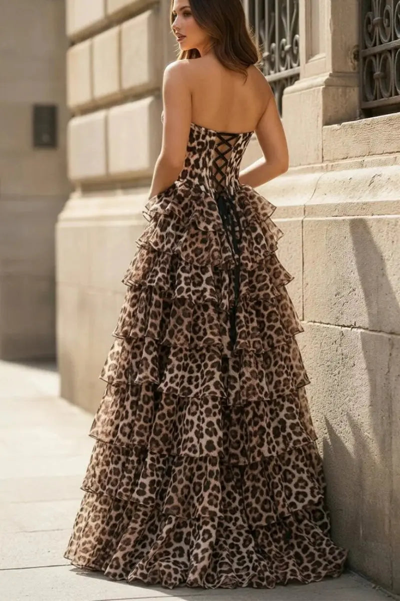 A-line Strapless Corset Leopard Print Tiered Ruffle Prom Dress with Slit
