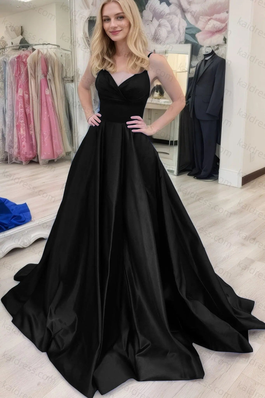 A-line V Neck Sleeveless Court Train Satin Prom Dresses With Bowknot Pleated Waistband