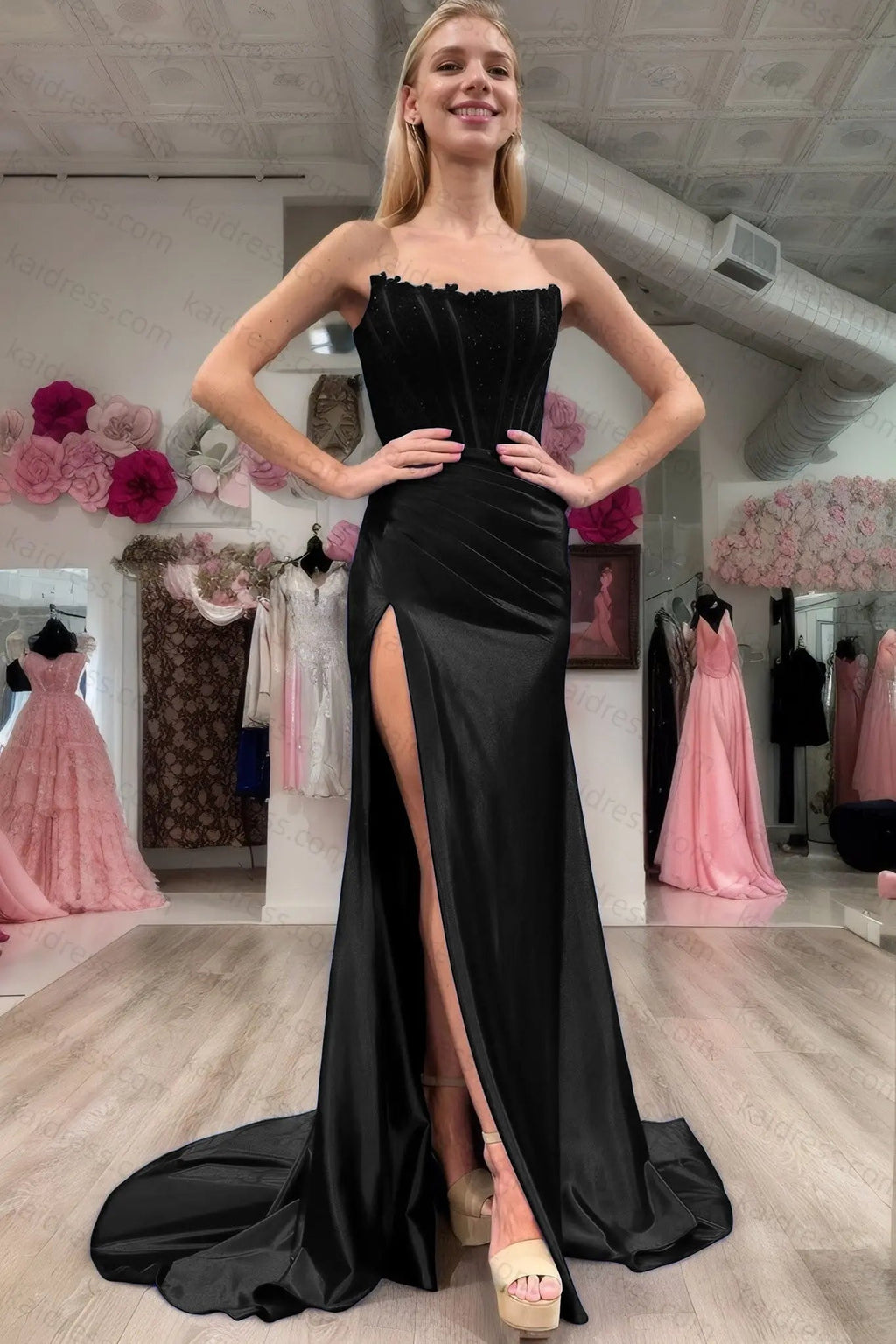 Sheath/Column Elastic Woven Satin Ruched Off-the-Shoulder Sleeveless Sweep/Brush Train Prom Dresses