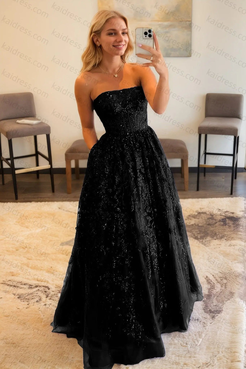 A-line Bateau Strapless Long/Floor-Length Lace Prom Dresses With Pockets Special Occasion Dresses