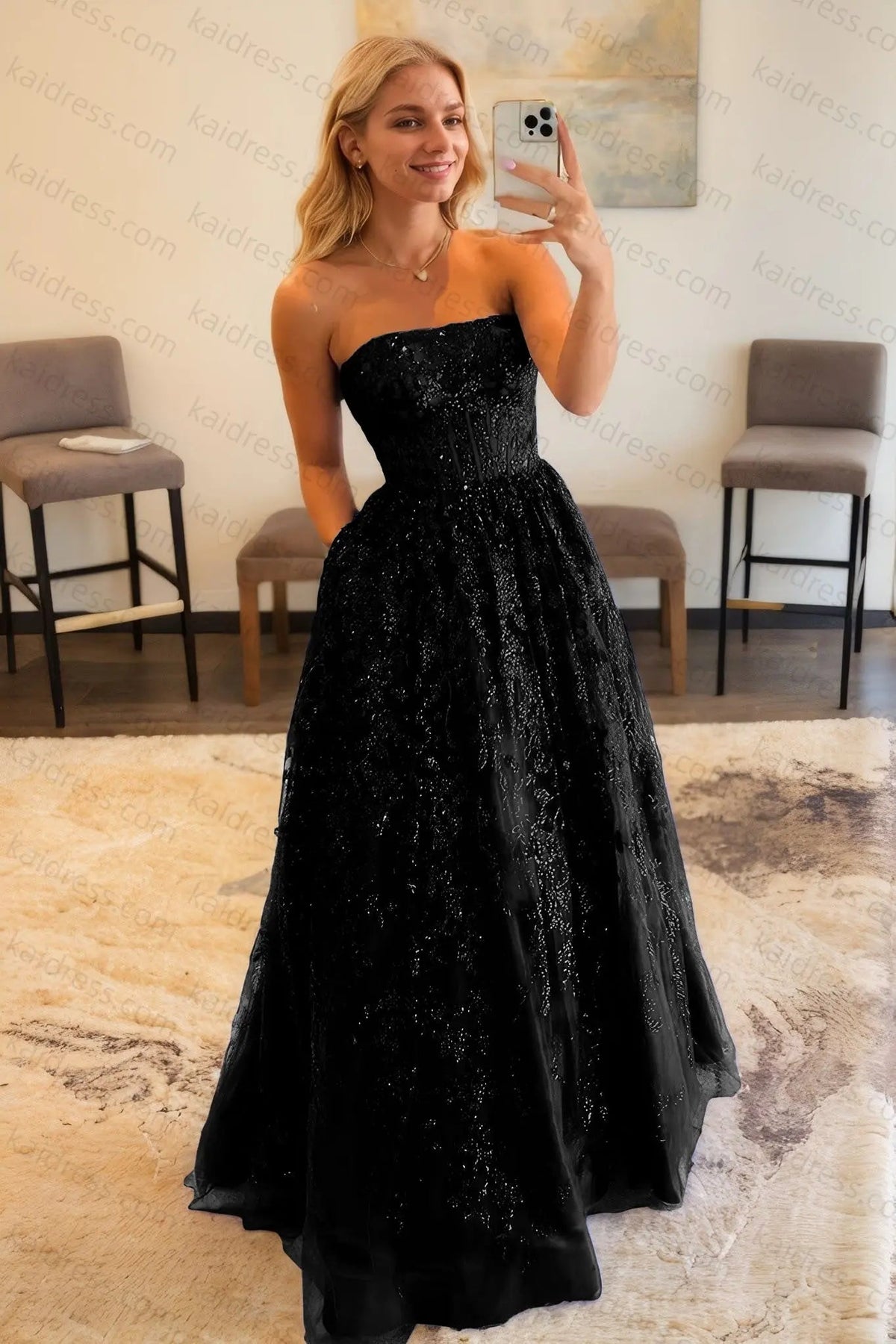 A-line Bateau Strapless Long/Floor-Length Lace Prom Dresses With Pockets Special Occasion Dresses