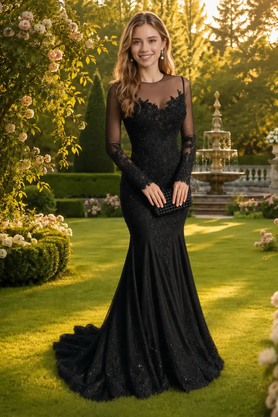 Trumpet/Mermaid Long Sleeves Sheer Neck Sweep/Brush Train Applique Prom Dresses