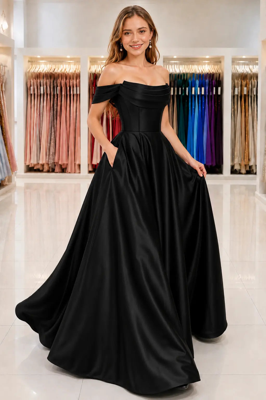 A-Line Satin Long Prom Dress. Simple Off the Shoulder Evening Party Dress With Pockets