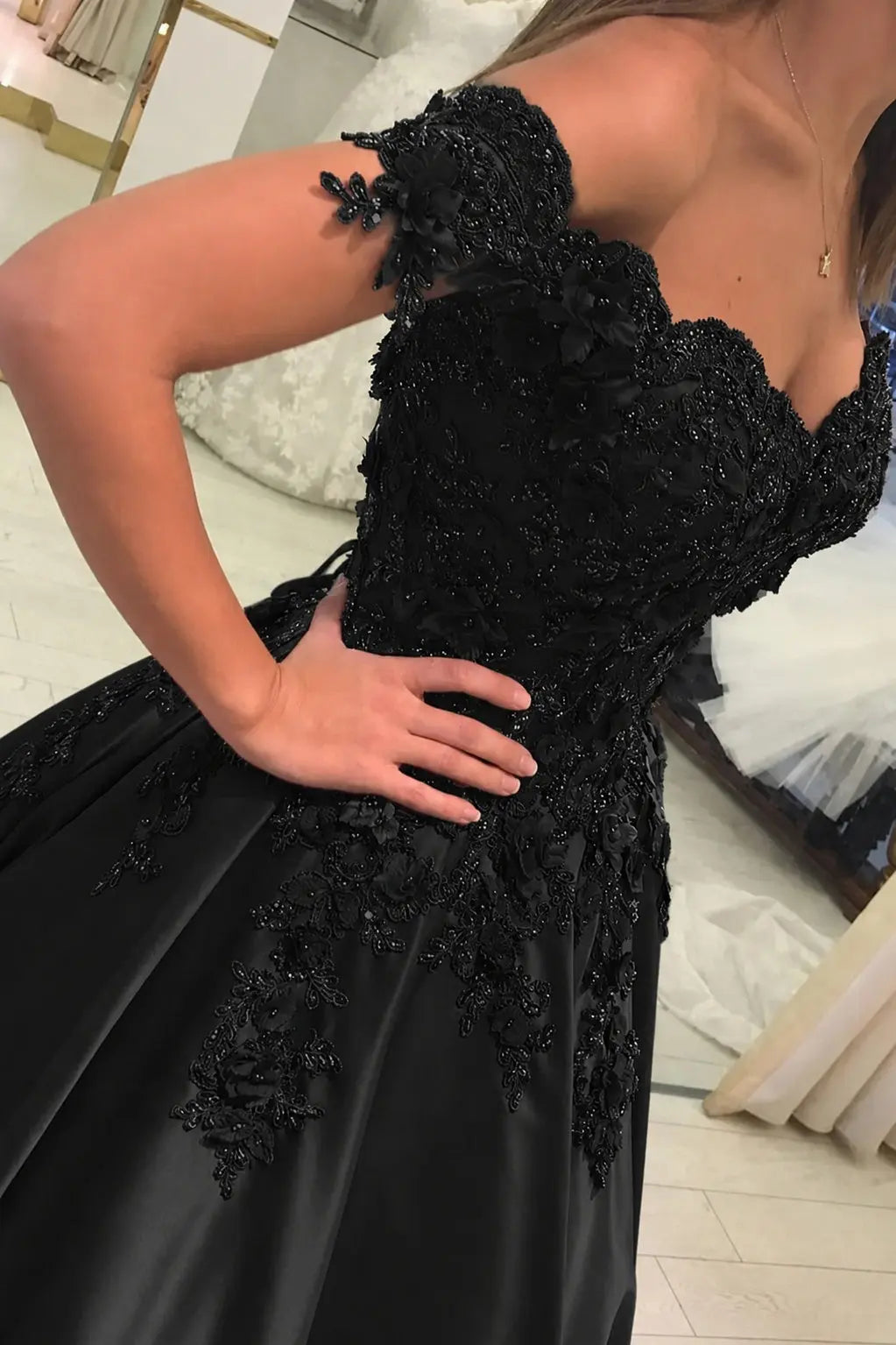 Appliquéd Off-the-Shoulder Satin Princess Prom Dress with Beads