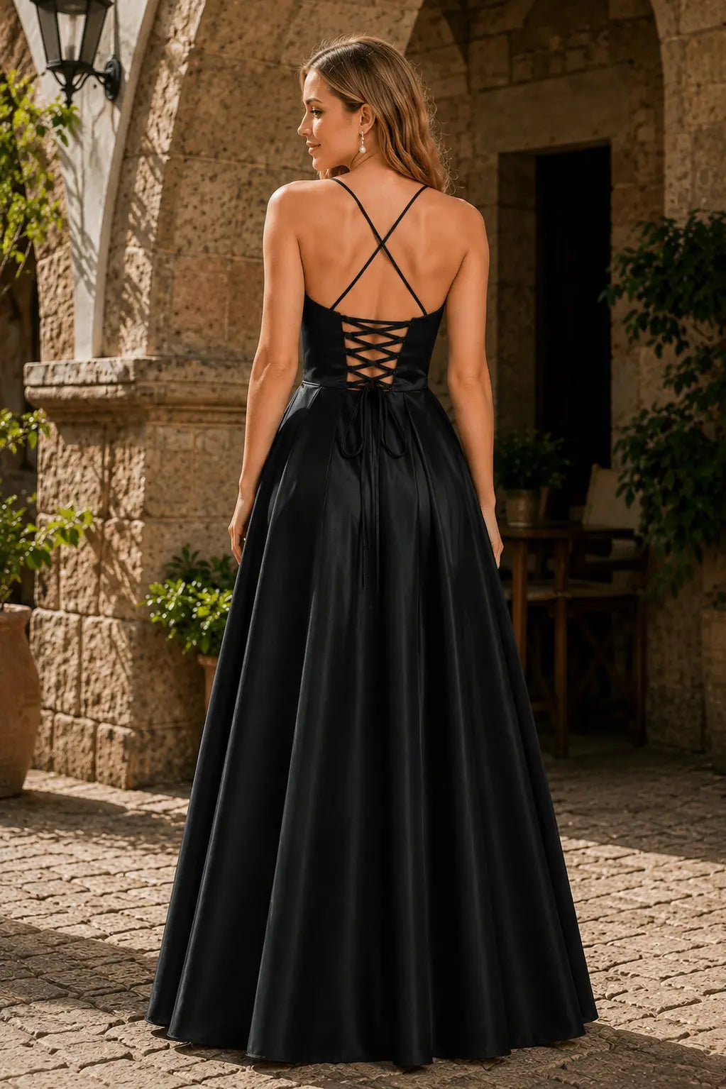 A-Line/Princess V-Neck Floor-Length Satin Prom Dress with Pleated Pockets