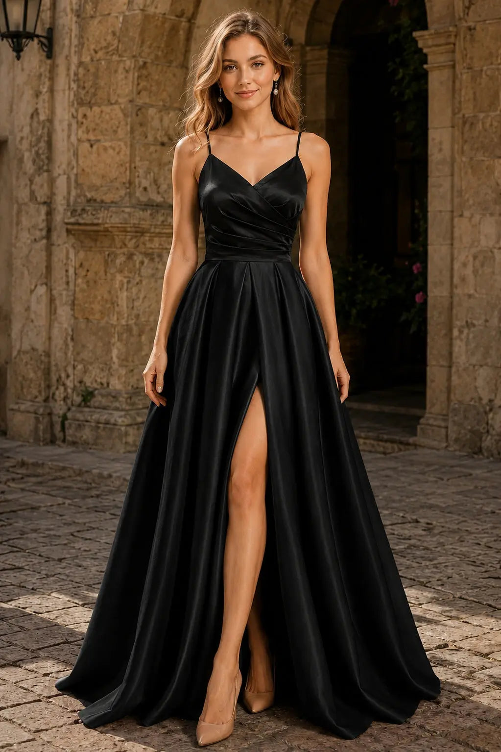 A-Line/Princess V-Neck Floor-Length Satin Prom Dress with Pleated Pockets