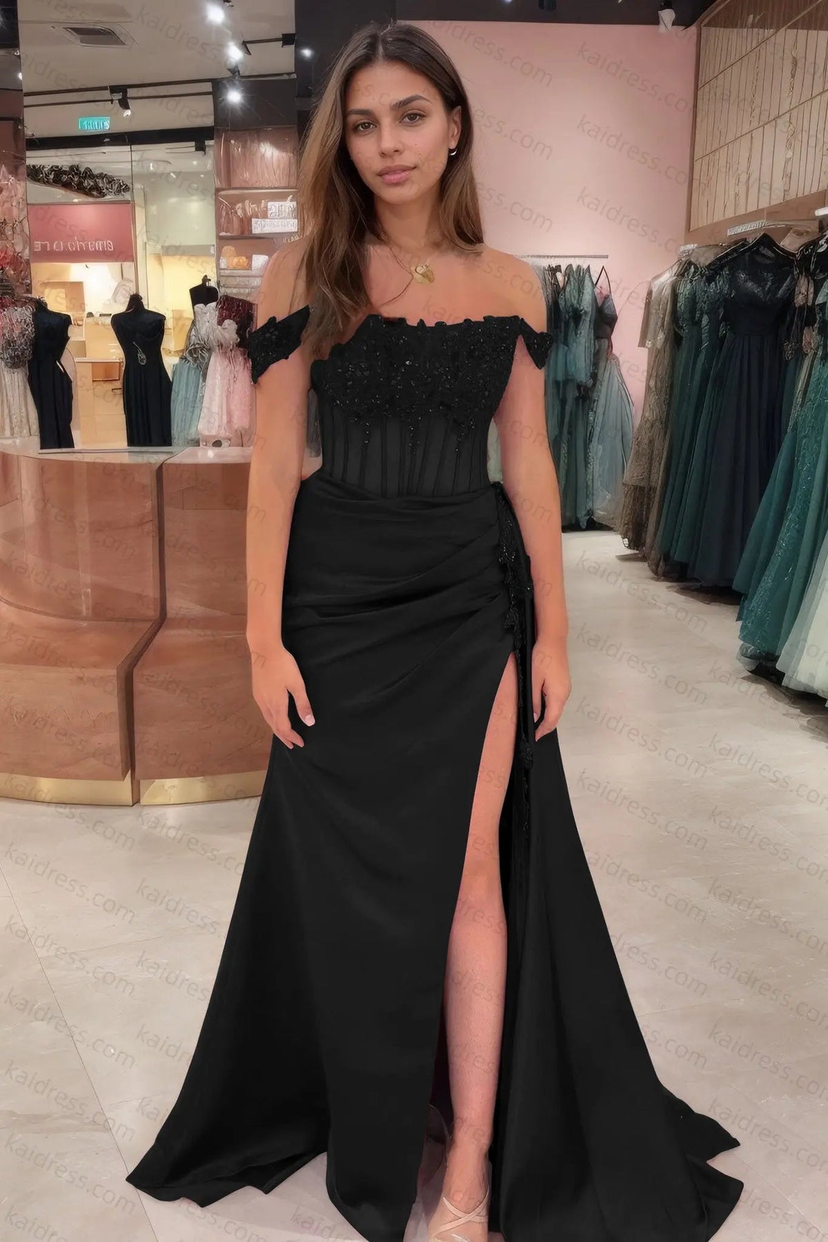 Sheath/Column Off the Shoulder Satin Beaded Prom Dress Burgundy With Appliques Prom Gown