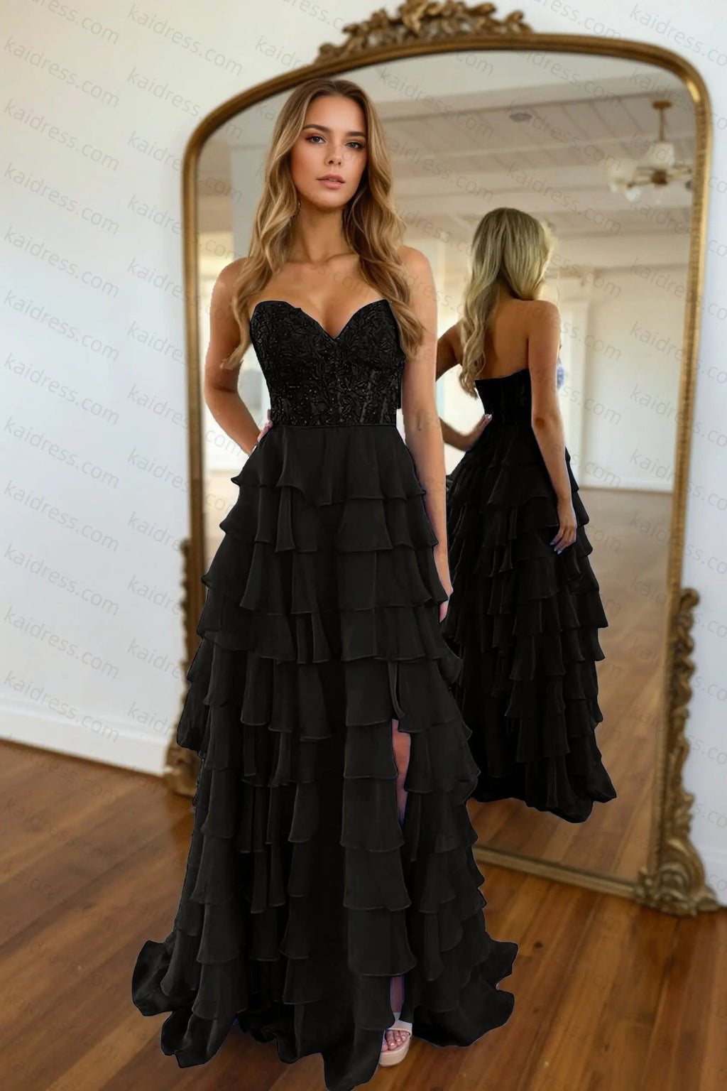 A-line/Princess Chiffon Fuchsia Sweetheart Tiered Ruffles Prom Dress with Slit Applique