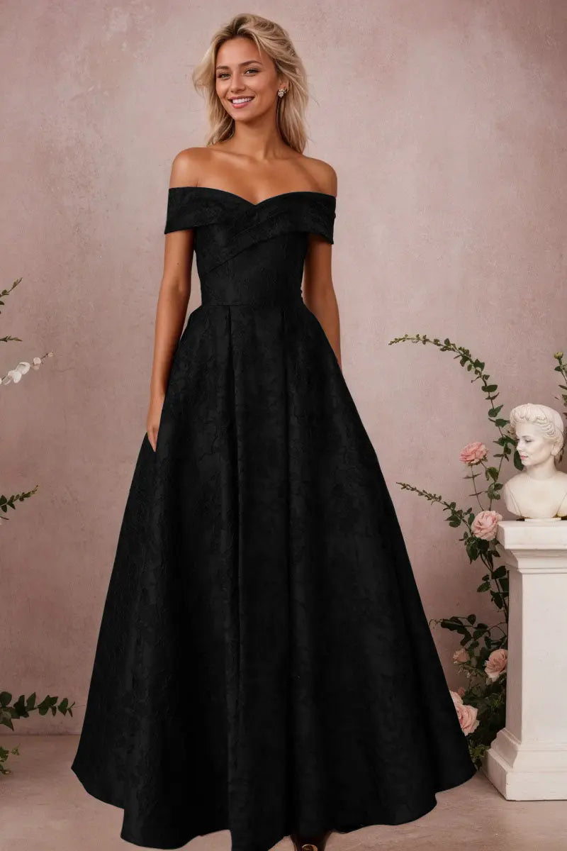 A-Line Off Shoulder Satin Burgundy Long Prom Dress Floral Jacquard Formal Ball Gowns
