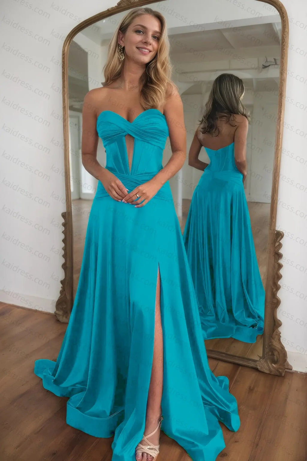 A-line Strapless Silk Long Blue Prom Dresses Elegant Evening Dress