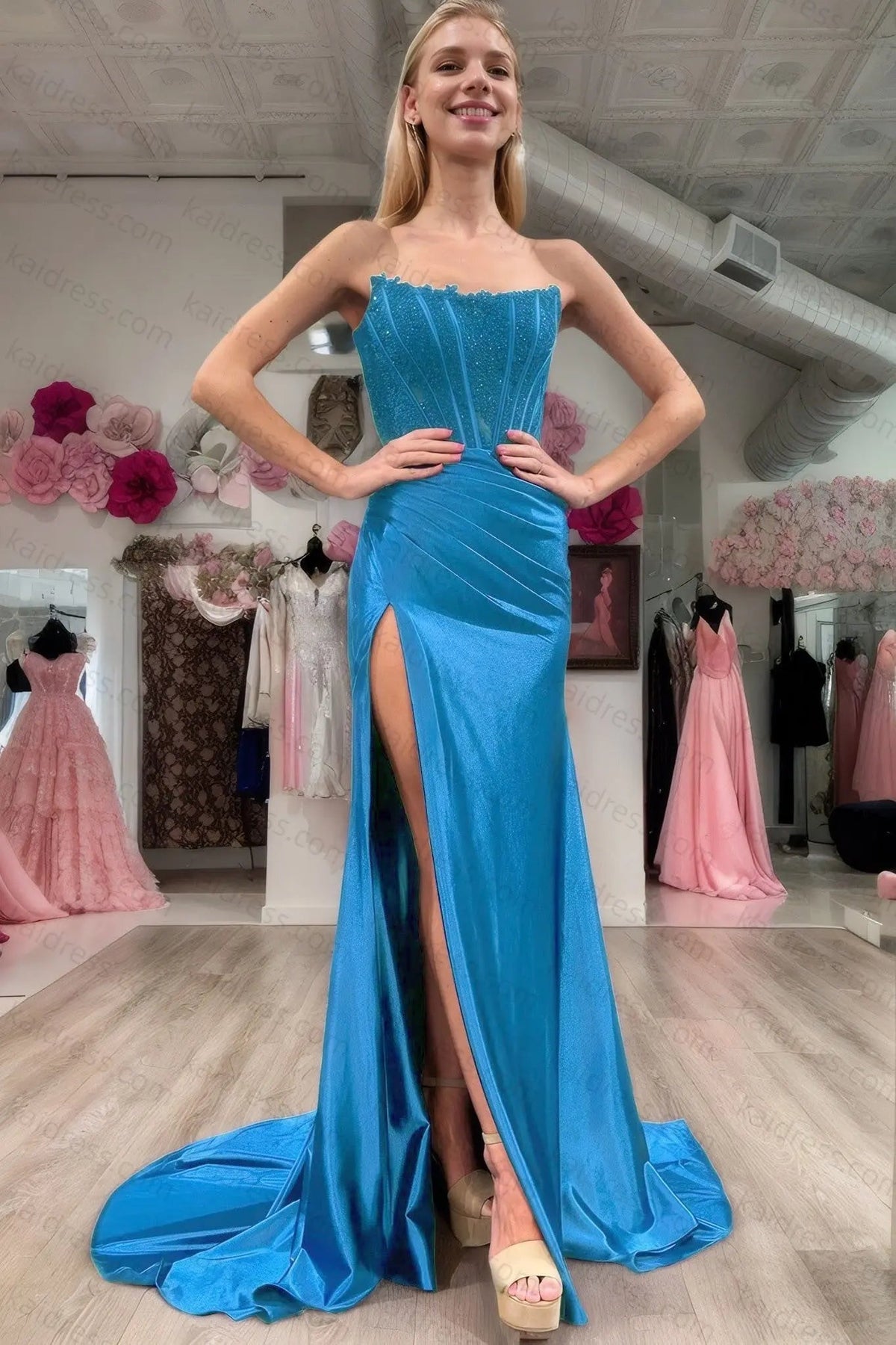 Sheath/Column Elastic Woven Satin Ruched Off-the-Shoulder Sleeveless Sweep/Brush Train Prom Dresses