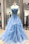 Blue Tulle Lace Long Prom Dresses Princess Layered Formal Evening Gowns