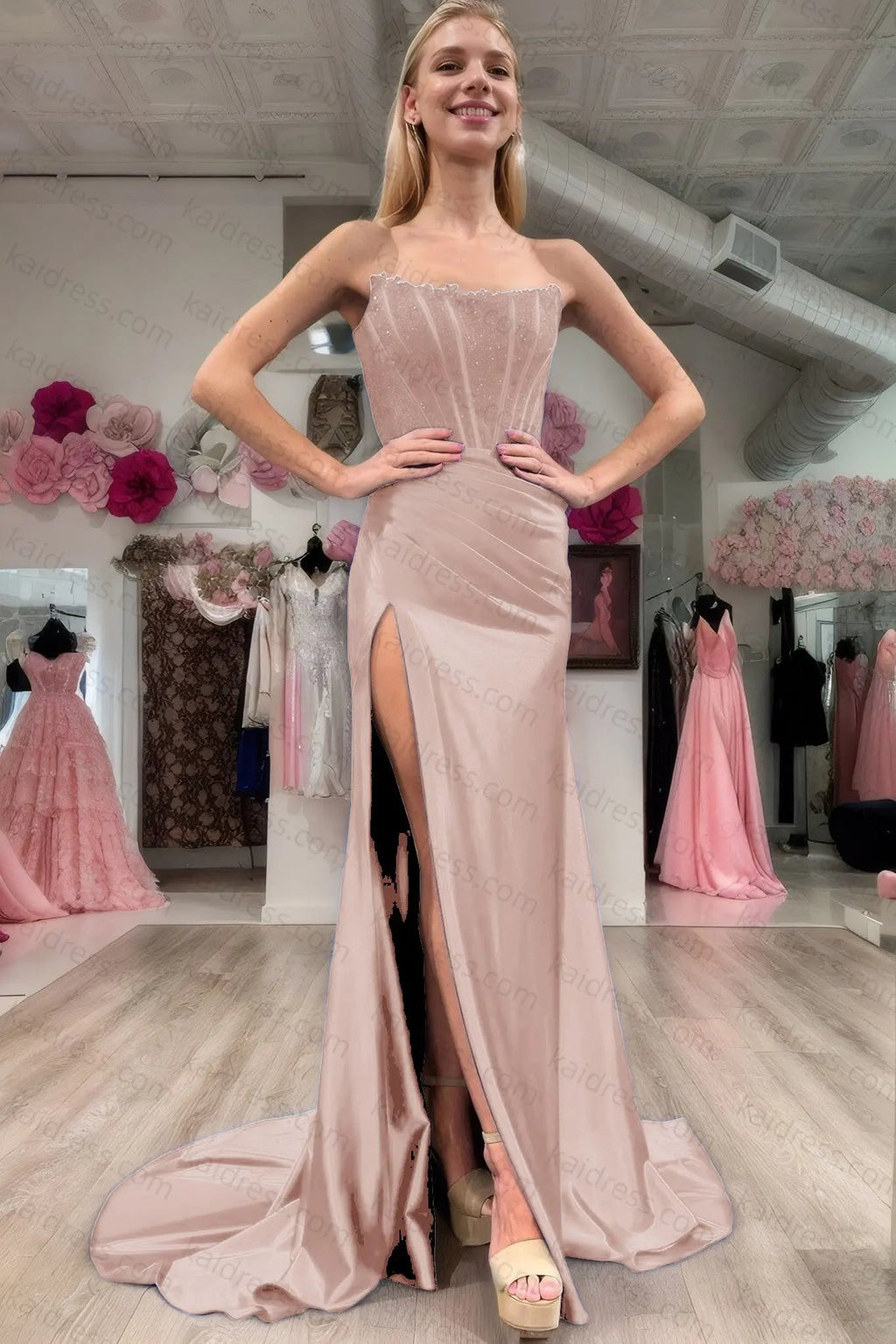 Sheath/Column Elastic Woven Satin Ruched Off-the-Shoulder Sleeveless Sweep/Brush Train Prom Dresses