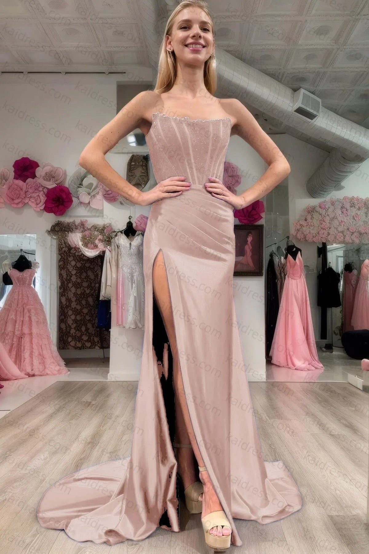 Sheath/Column Elastic Woven Satin Ruched Off-the-Shoulder Sleeveless Sweep/Brush Train Prom Dresses