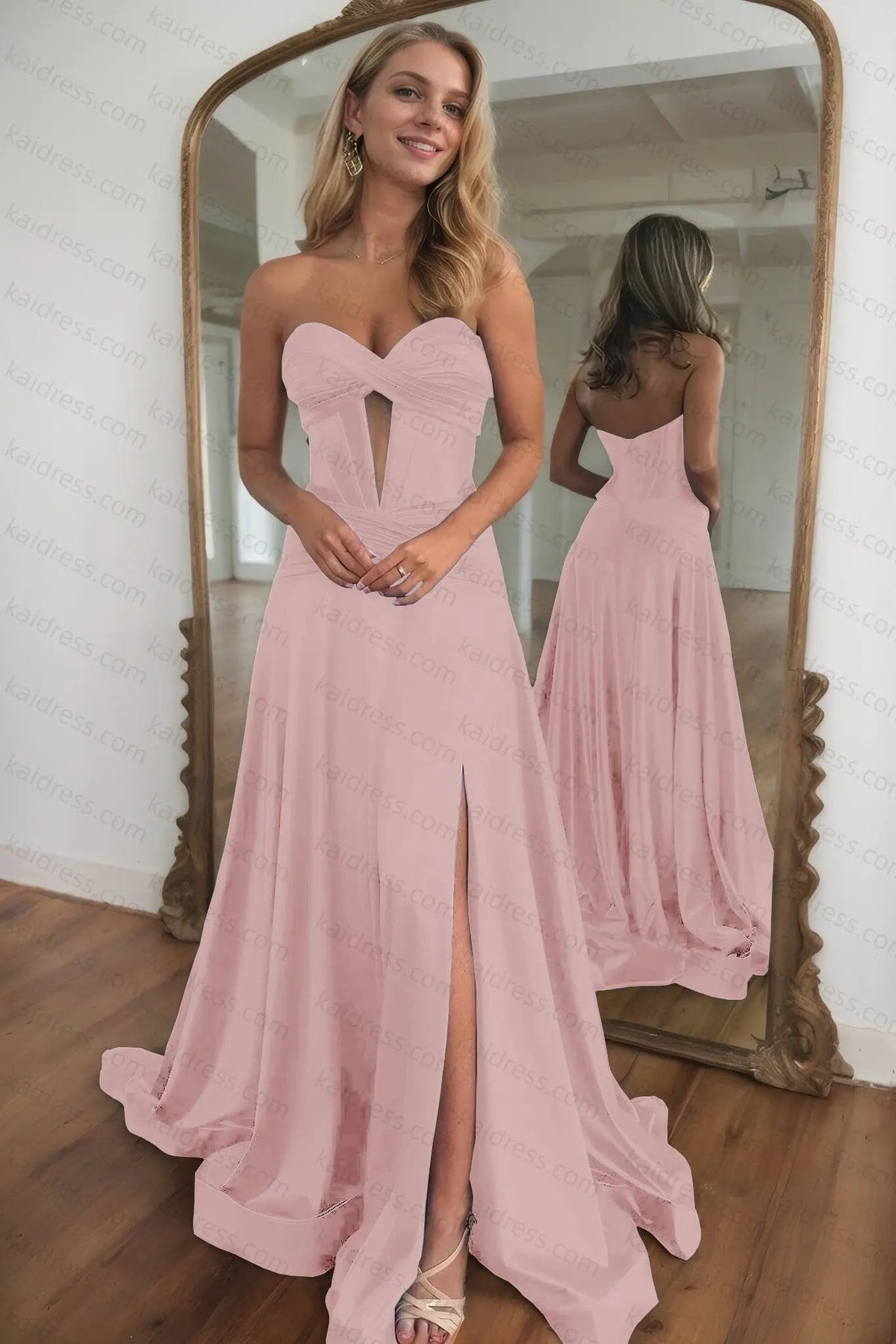 A-line Strapless Silk Long Blue Prom Dresses Elegant Evening Dress