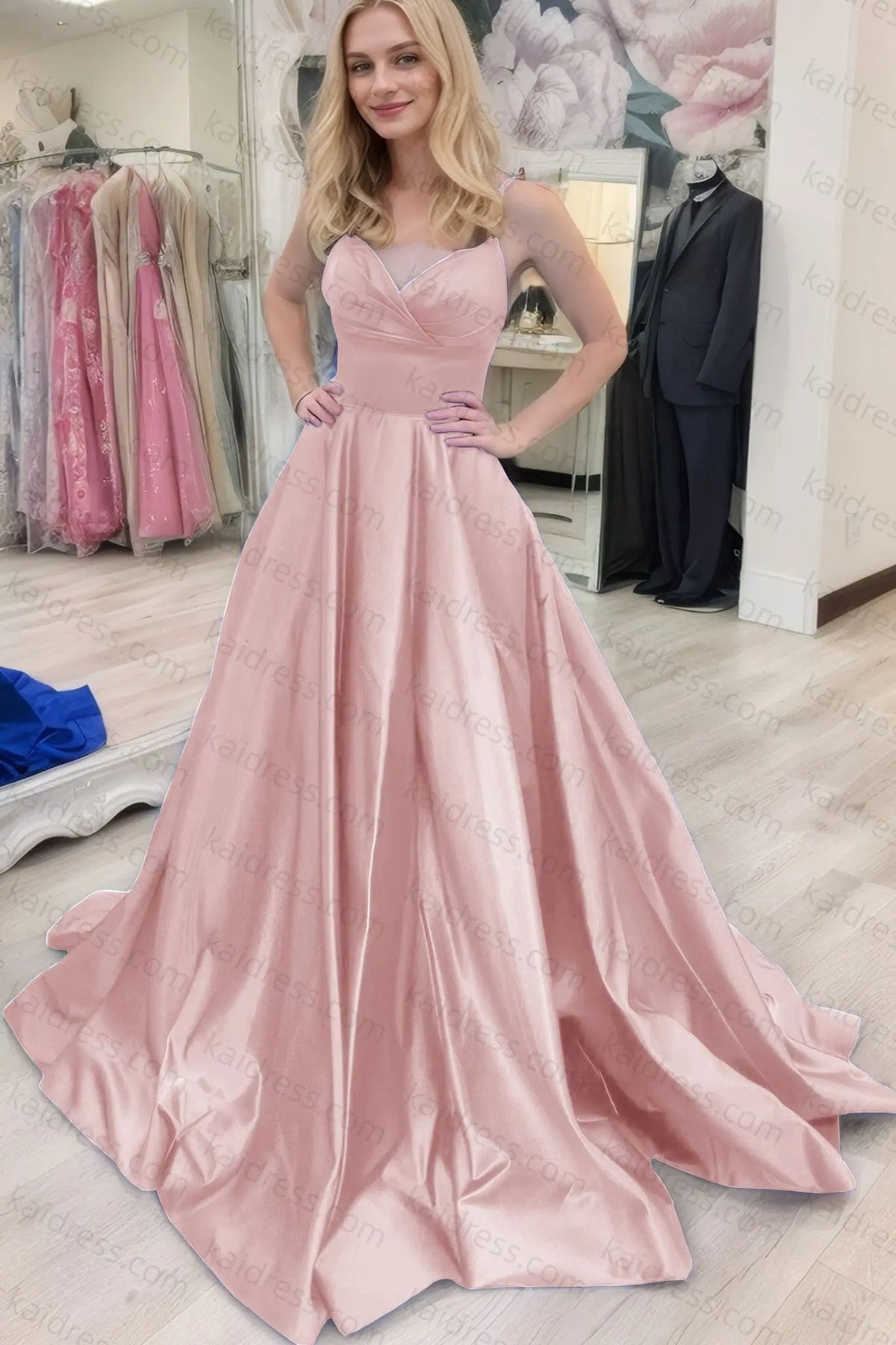 A-line V Neck Sleeveless Court Train Satin Prom Dresses With Bowknot Pleated Waistband