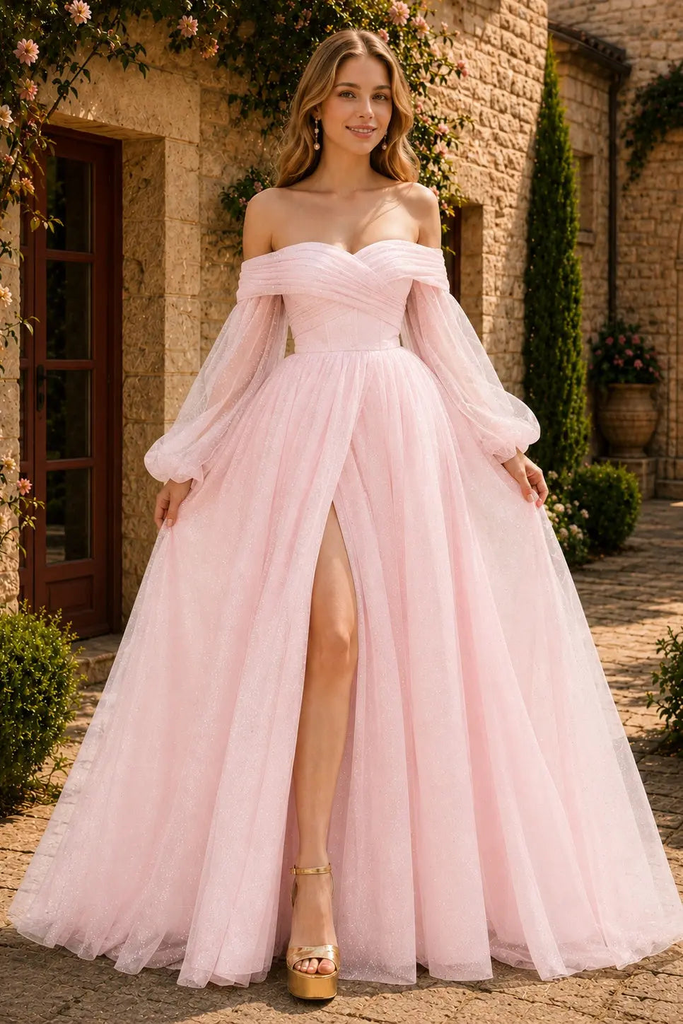 A-Line/Princess Tulle Ruched Long  Off-the-Shoulder Long Sleeves Prom Dresses Detachable Sleeves