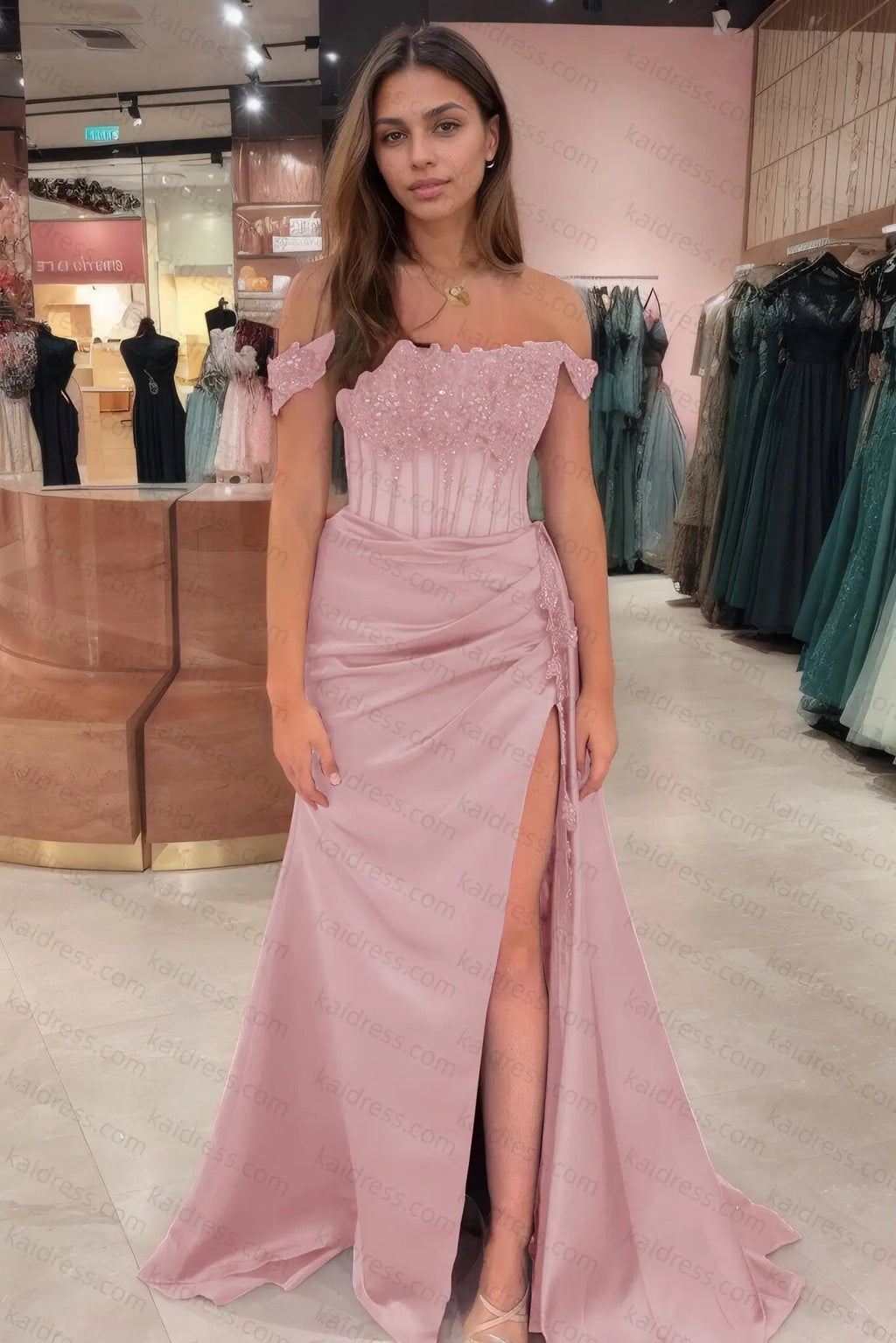 Sheath/Column Off the Shoulder Satin Beaded Prom Dress Burgundy With Appliques Prom Gown