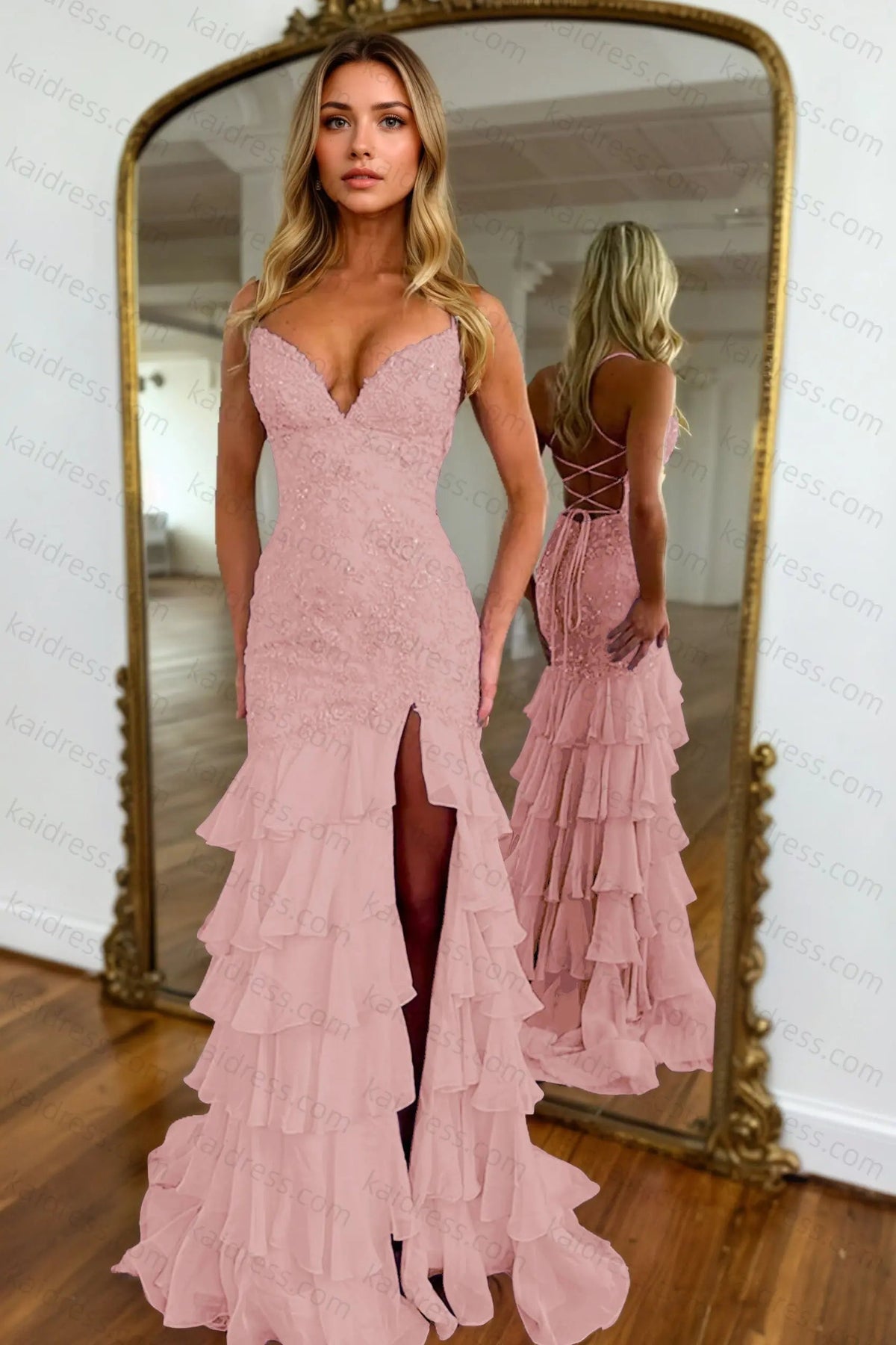 Mermaid Sparkly Lilac Lace Appliques Sheath Tiered Long Chiffon Prom Dress with Slit