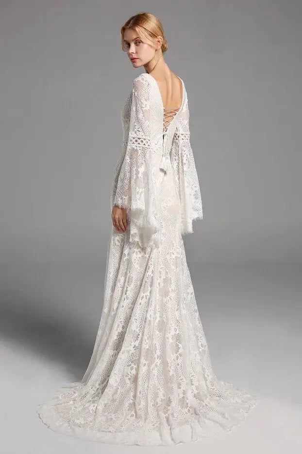 Boho Lace Long Sleeves Wedding Dresses Mermaid Beach Bridal Gowns