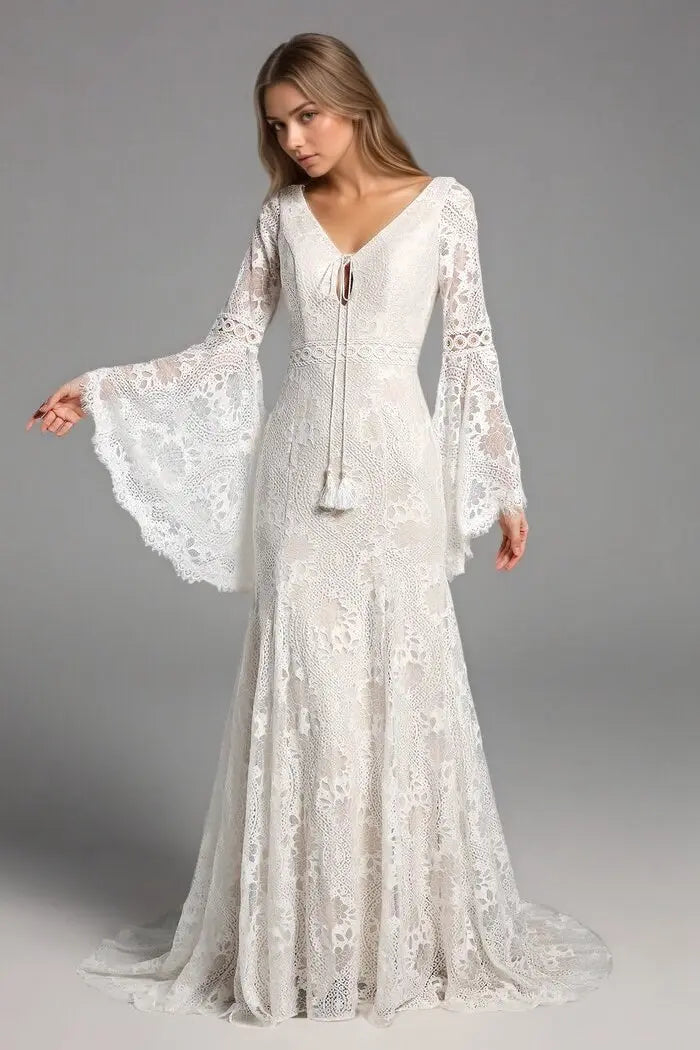 Boho Lace Long Sleeves Wedding Dresses Mermaid Beach Bridal Gowns