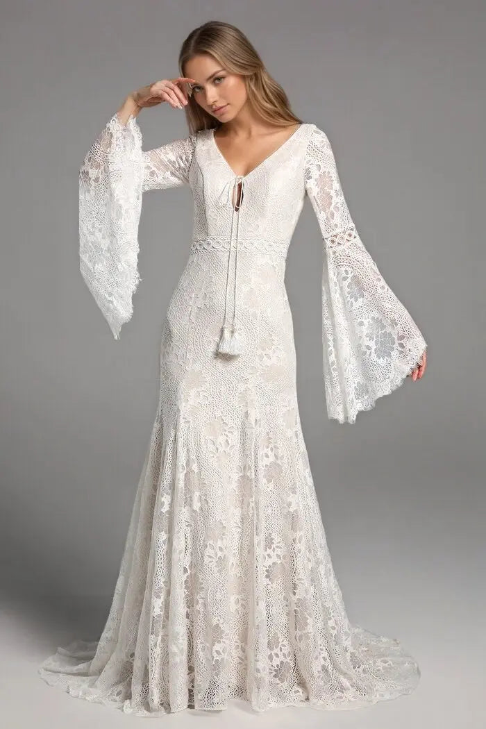 Boho Lace Long Sleeves Wedding Dresses Mermaid Beach Bridal Gowns