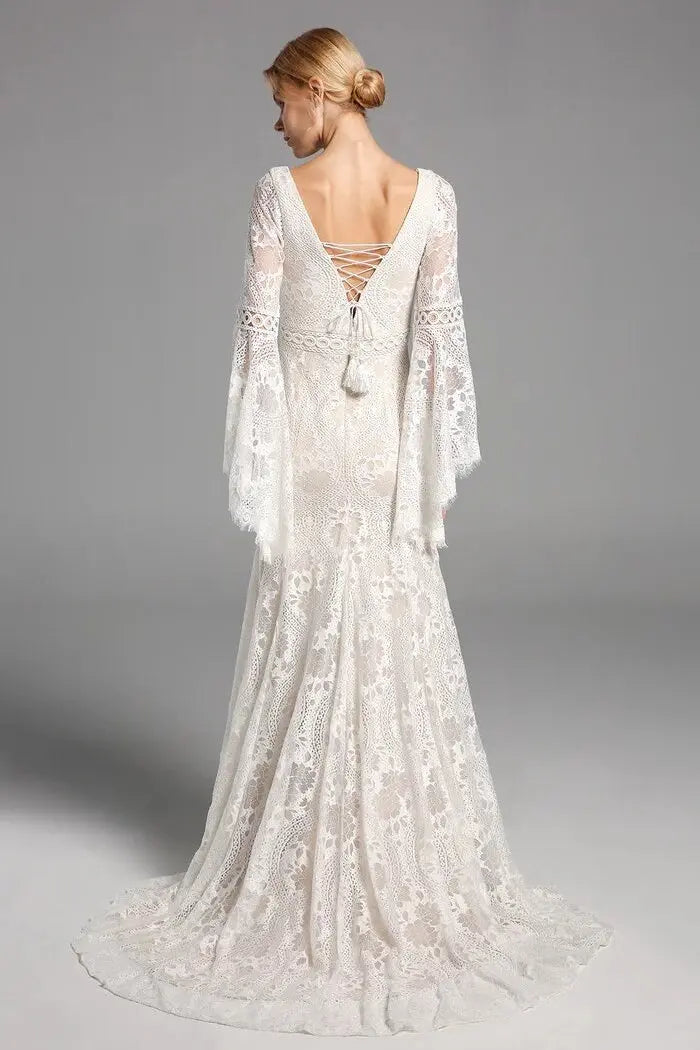 Boho Lace Long Sleeves Wedding Dresses Mermaid Beach Bridal Gowns