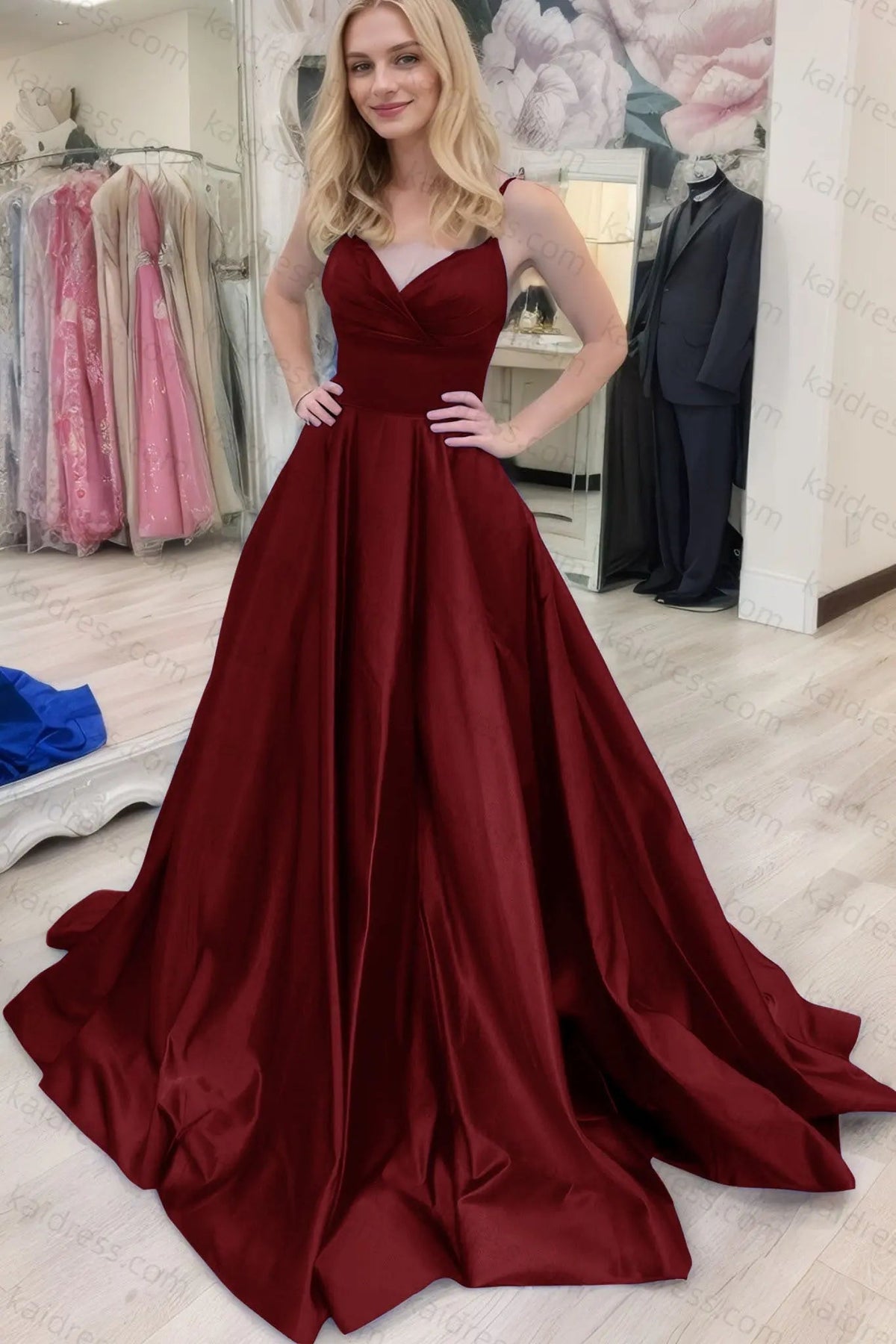 A-line V Neck Sleeveless Court Train Satin Prom Dresses With Bowknot Pleated Waistband