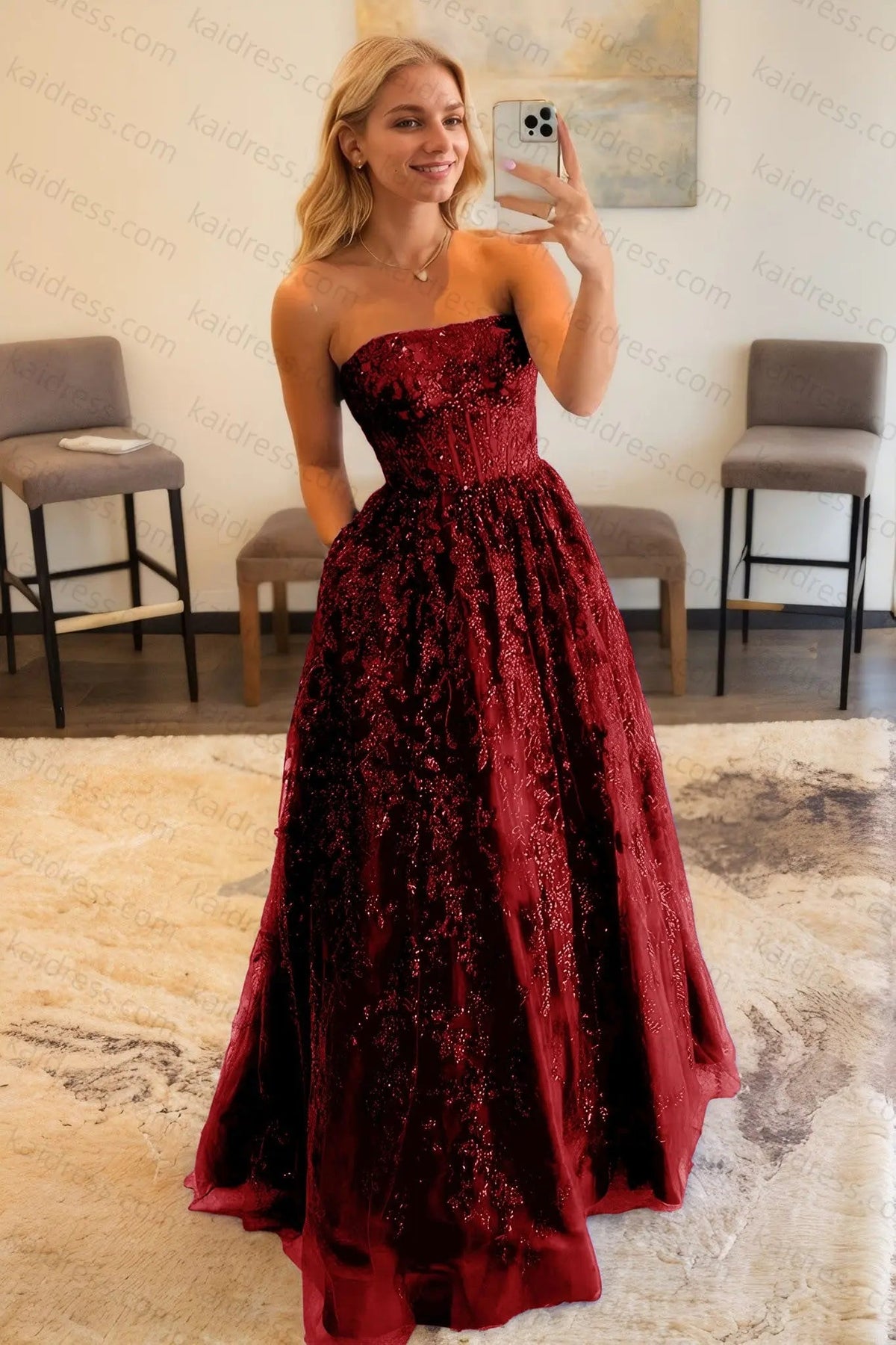 A-line Bateau Strapless Long/Floor-Length Lace Prom Dresses With Pockets Special Occasion Dresses