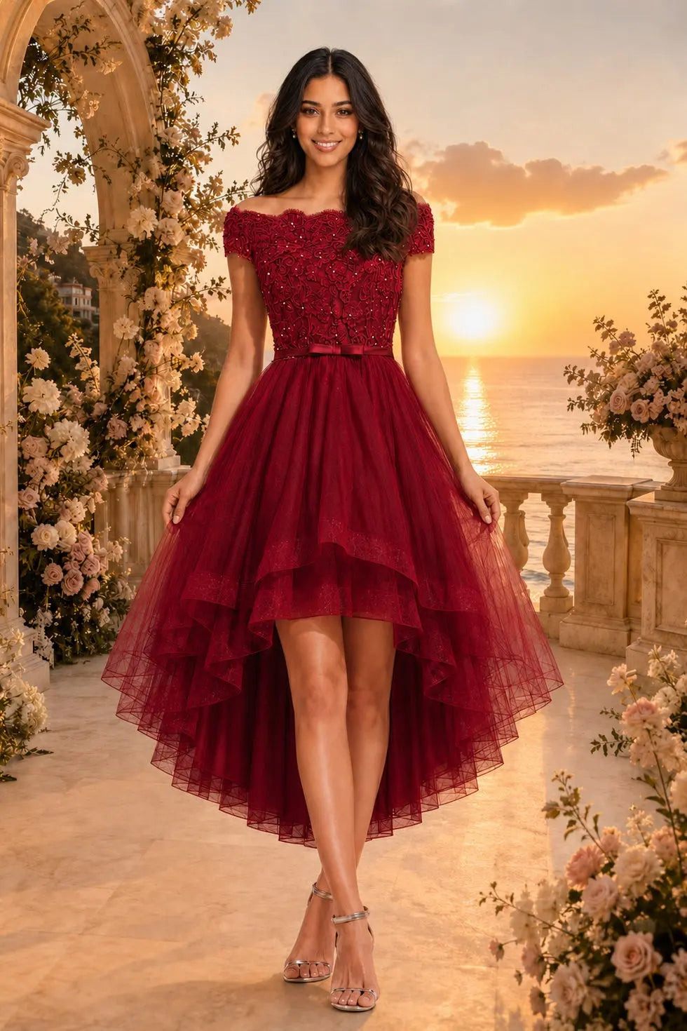 Burgundy Off the Shoulder A Line Strapless Lace Tulle Asymmetrical Dress